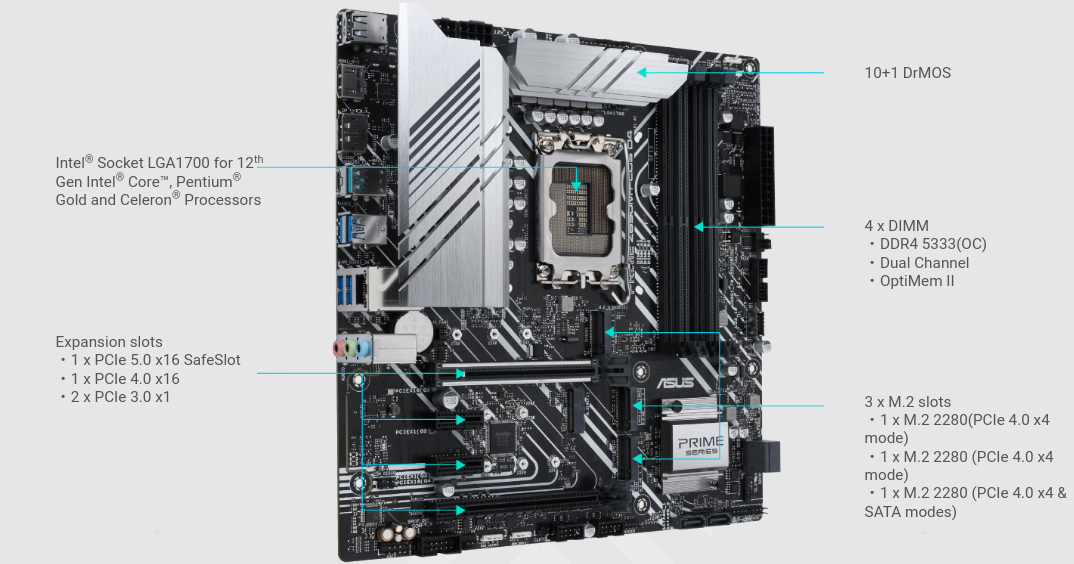 Дънна платка Asus PRIME Z690M-PLUS D4, Z690, LGA1700, DDR4, PCI-E 5.0 (DP,HDMI), 4x SATA 6Gb/s, 3x M.2, 1x USB 3.2 Gen 2, Micro ATX - характеристика 2